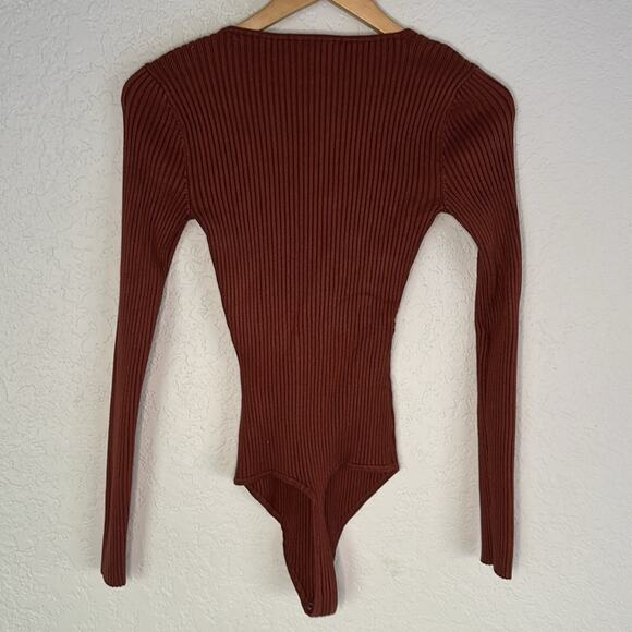 A&F Ribbed Dark Brown Bodysuit Square Neck Thong Neutral Minimalist Long Sleeve - Picture 5 of 6
